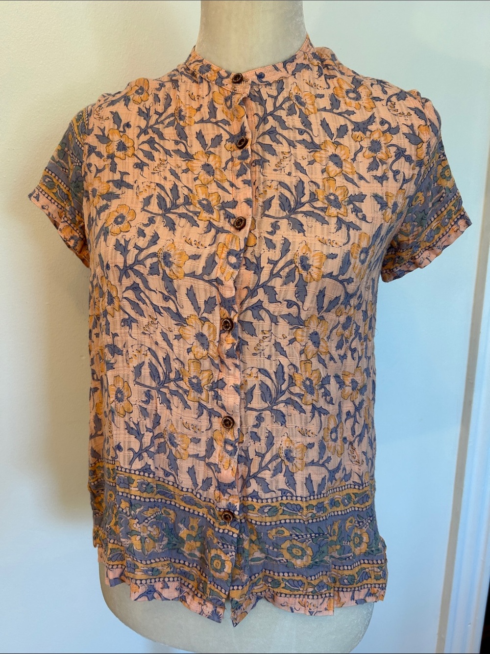 Scotch & Soda Peach Floral Button-Down Top with Blue Accents